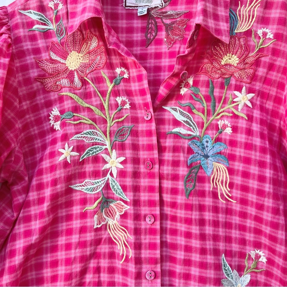 JOHNNY WAS | JORDAN LISBON SHIRT SMALL PINK EMBROIDERED PUFF SLEEVE BLOUSE - Picture 8 of 10